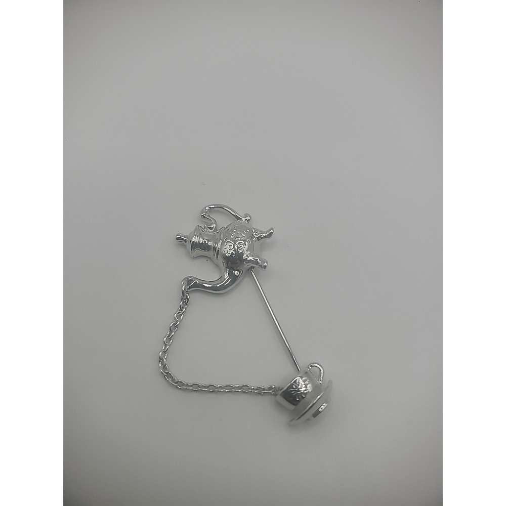 Vintage Avon Silver Tone Teapot Chain Teacup Pin Jewelry Costume